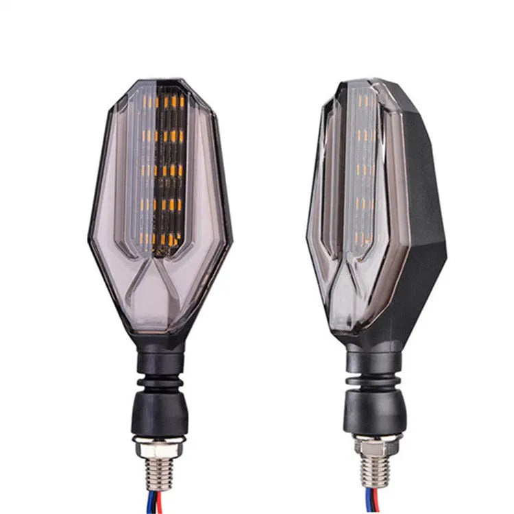 Pair of motorcycle indicator lights with coloured light guides on a black ABS acrylic housing.