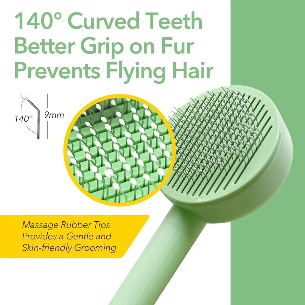 Green and yellow pet grooming brush with stainless steel comb for cats and dogs, showing hanging loop and curved teeth design