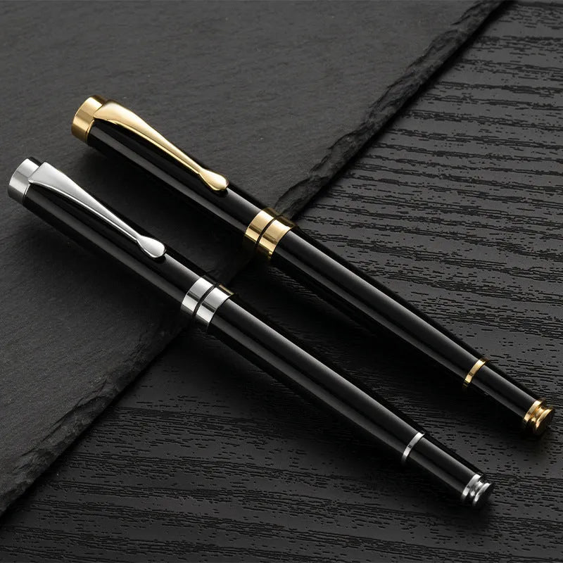 Metal fountain pen with F 0.5mm nib in black body with gold clip, showing 140mm length
