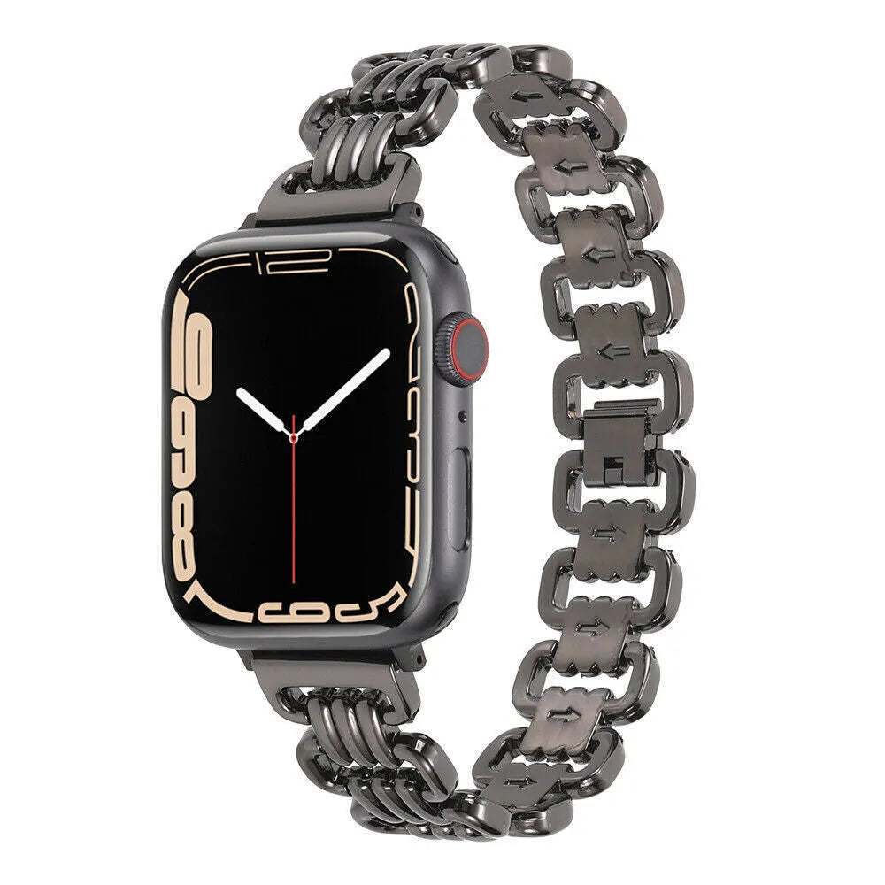 Silver alloy metal bracelet strap for Apple Watch on a grey background.