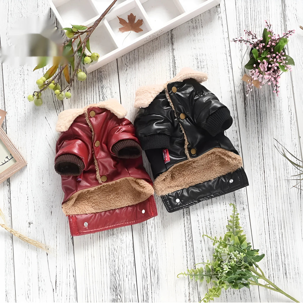 Black or red fleece-lined PU leather pet coat for cats and dogs in British style