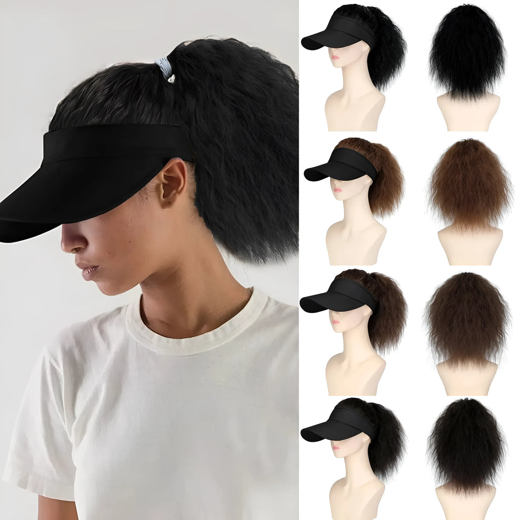 Women's short hooded wig with horse tail waves in domestic silk hair on a display stand.