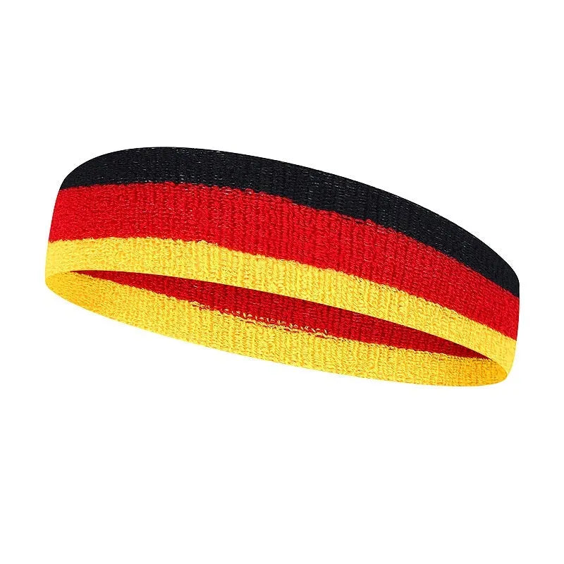 Multicolour sports headband for adults, shown in Red Yellow Blue, dimensions 5.5cm by 20cm.