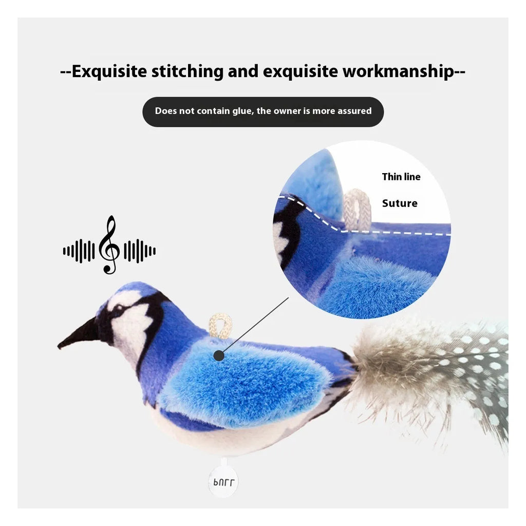 Plush bird simulation cat toy in four colour options: blue kingfisher, colourful bird, sparrow, yellow bird