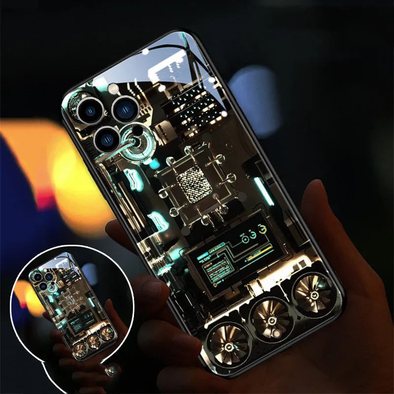 Xpress 14 iPhone case with illuminated lightning diamond pattern on tempered glass back