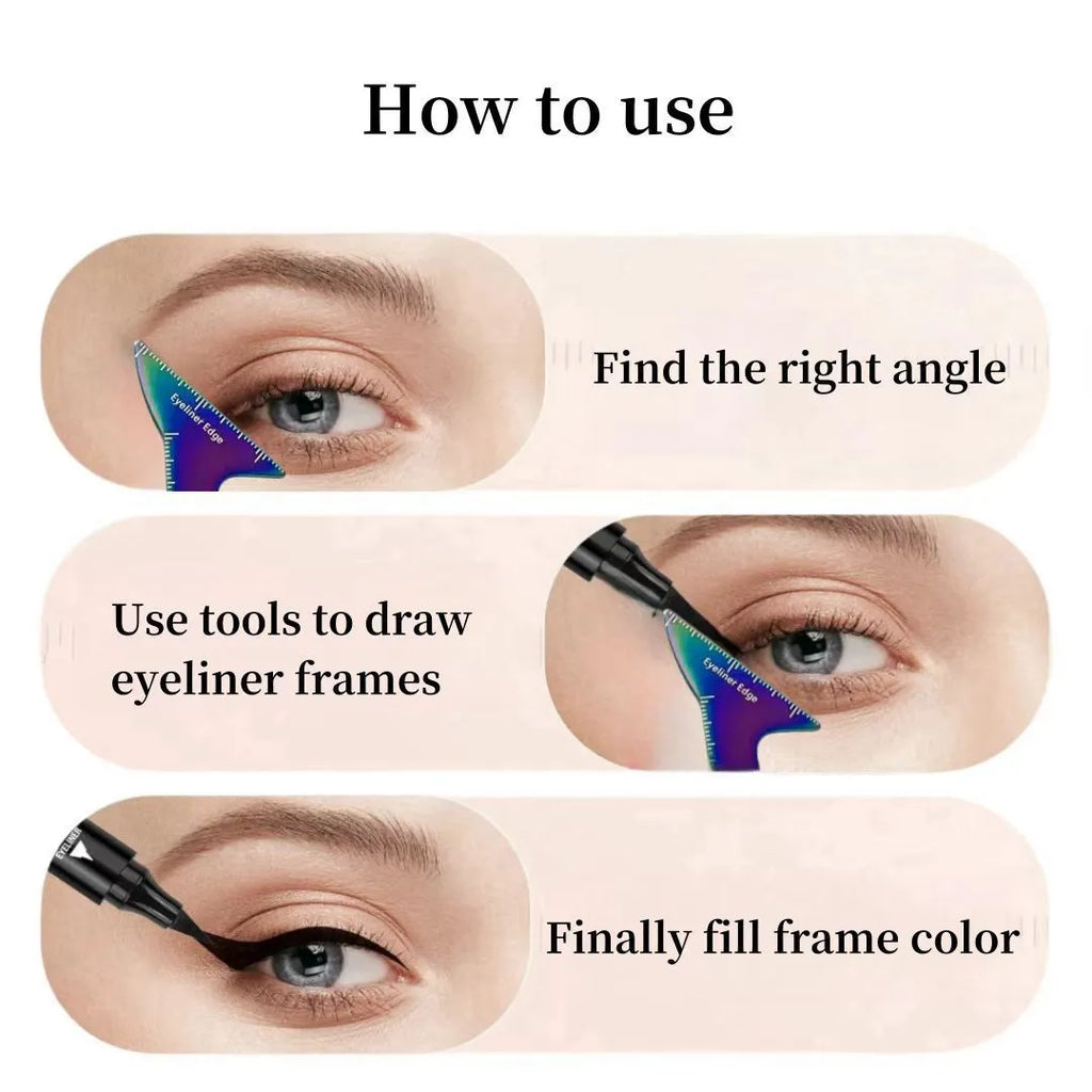 Close-up of reusable plastic eyeliner stencils for creating winged liner and face contour on hooded eyes