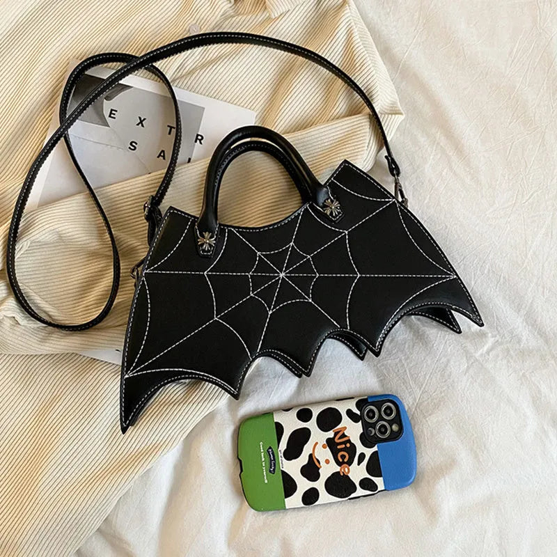 Black PU spider web shape messenger crossbody bag with embroidery and three shoulder straps