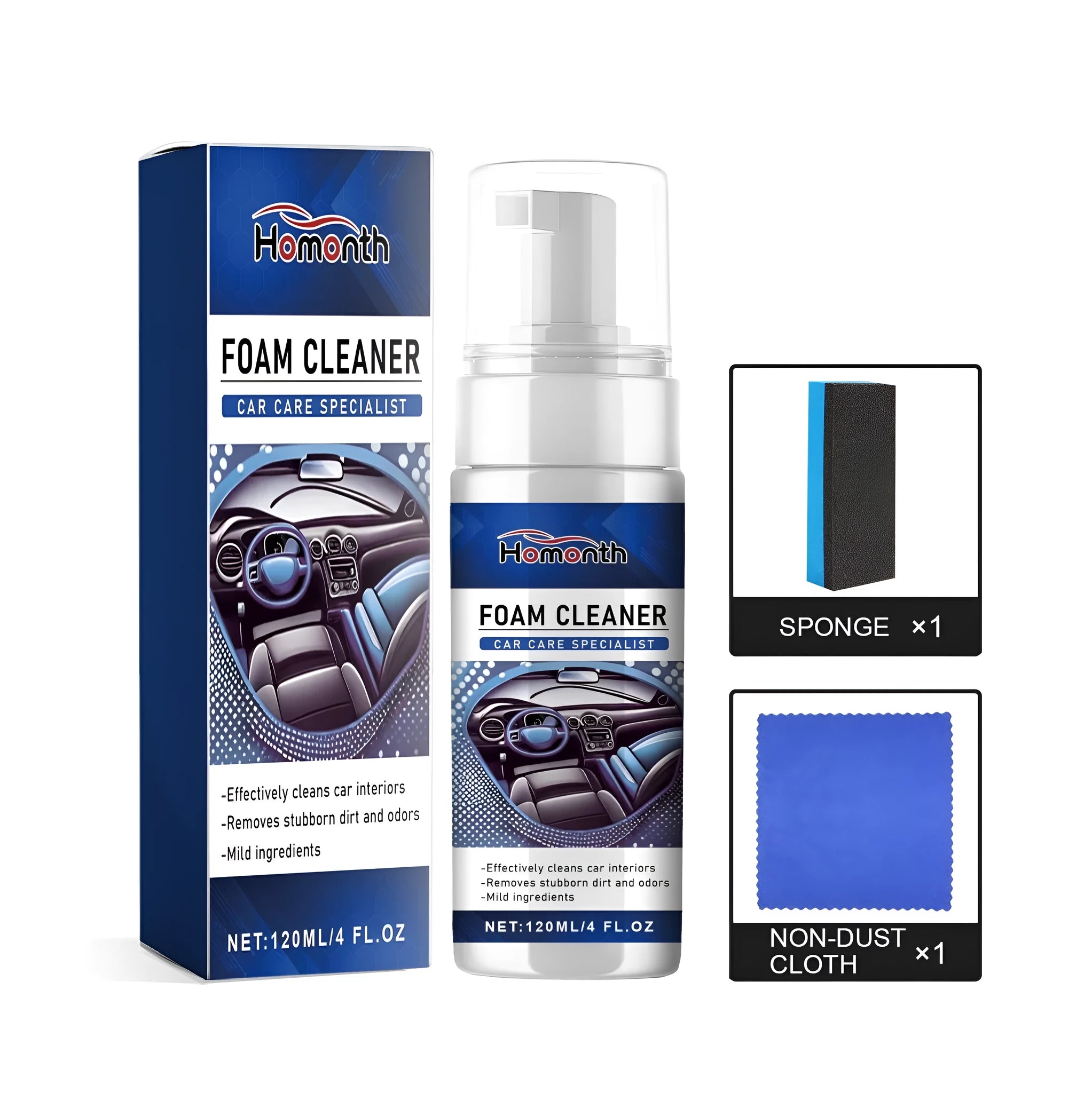 Fast Car Interior Cleaner Kit showing 120ml PET spray bottle, blue microfiber cloth, and yellow sponge