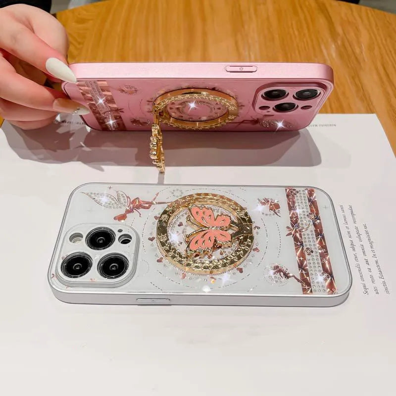 Butterfly fairy diamond magnetic TPU PC phone case in pink single shell with rhinestone and bow decorations