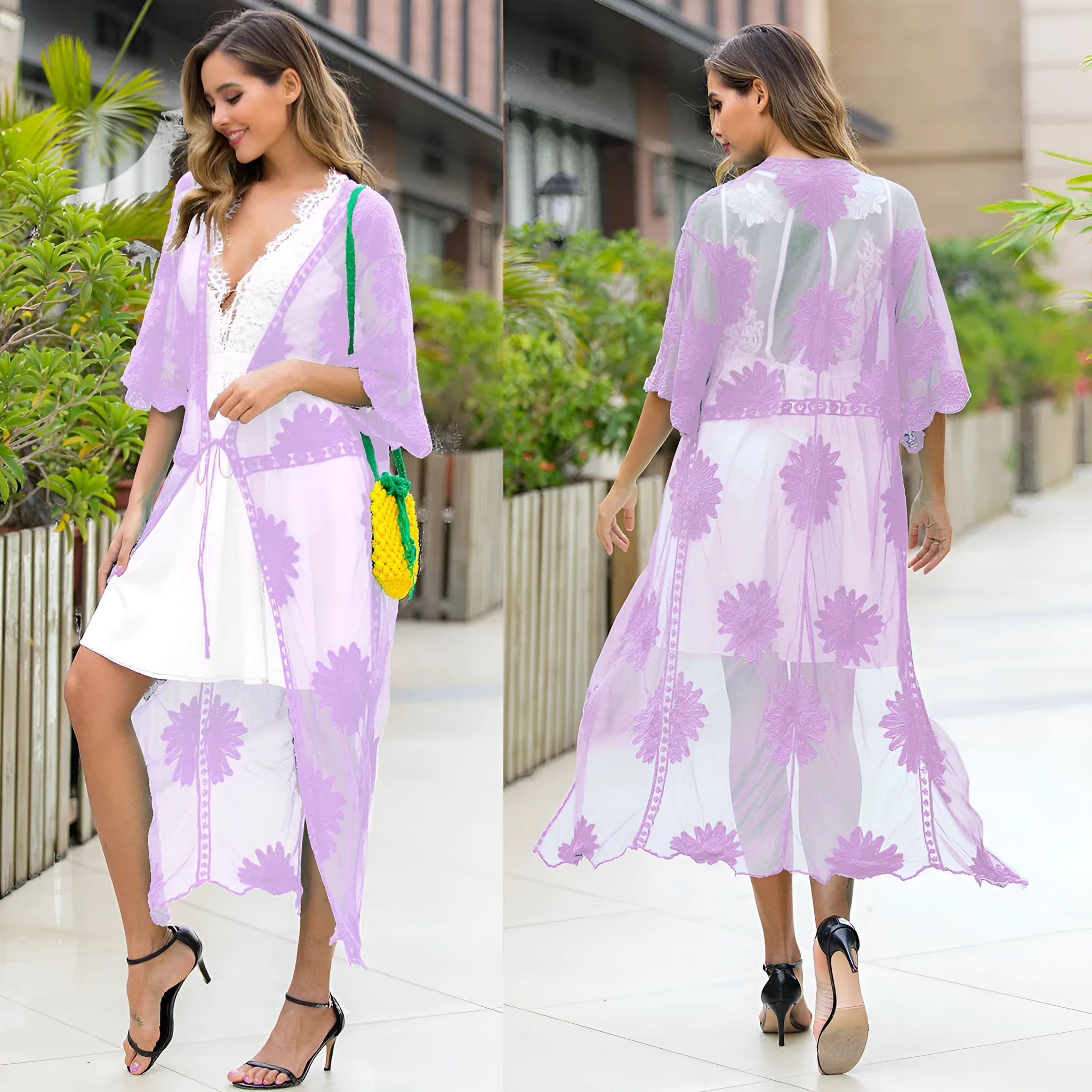 Light purple lace embroidery beach dress with cardigan styling for women's swim and beach wear
