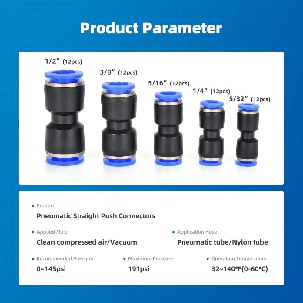 Assortment of 60 quick-release push-in pneumatic connectors in alloy plastic with 1/4-inch and 1/2-inch NPT threads.