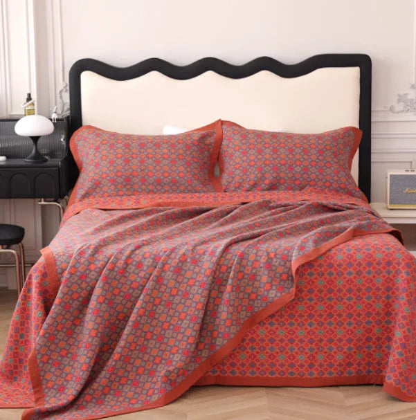 Cotton gauze bed blanket three-piece set with floral pattern and matching pillowcases