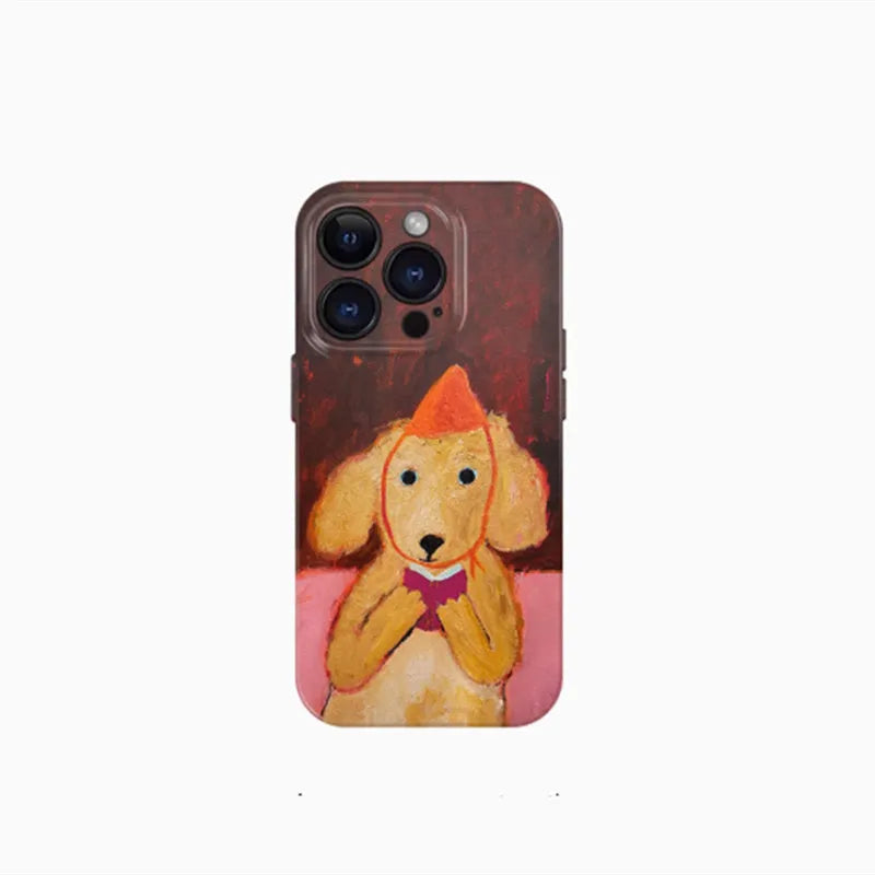 Brown reading dog oil painting phone case for iPhone with full hemming design