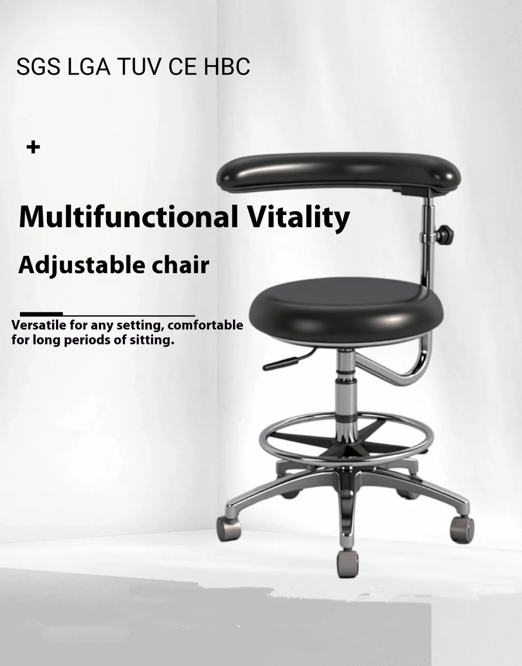 Black leather dental chair with lift adjustment for dentist and nurse clinic seating.