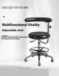 Black leather dental chair with lift adjustment for dentist and nurse clinic seating.