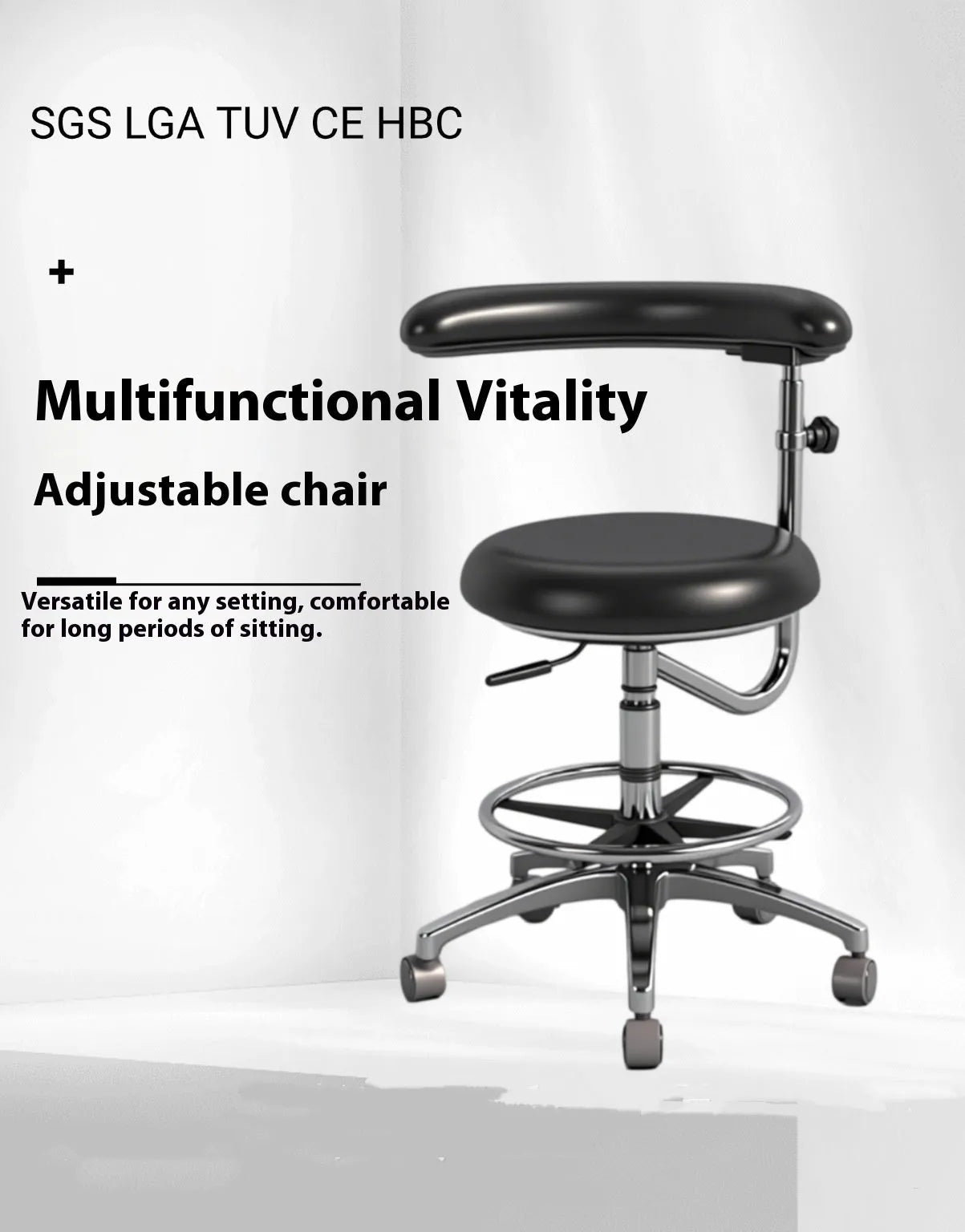 Black leather dental chair with lift adjustment for dentist and nurse clinic seating.