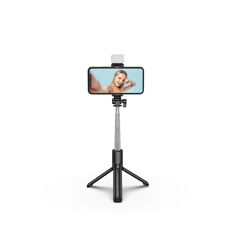 Aluminium alloy Bluetooth selfie stick with integrated tripod base and 360-degree rotating phone holder in black colour.