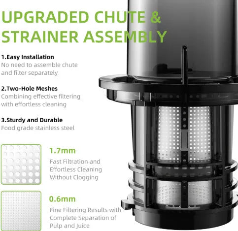 Large diameter low speed juice extractor with plastic body and large feed chute