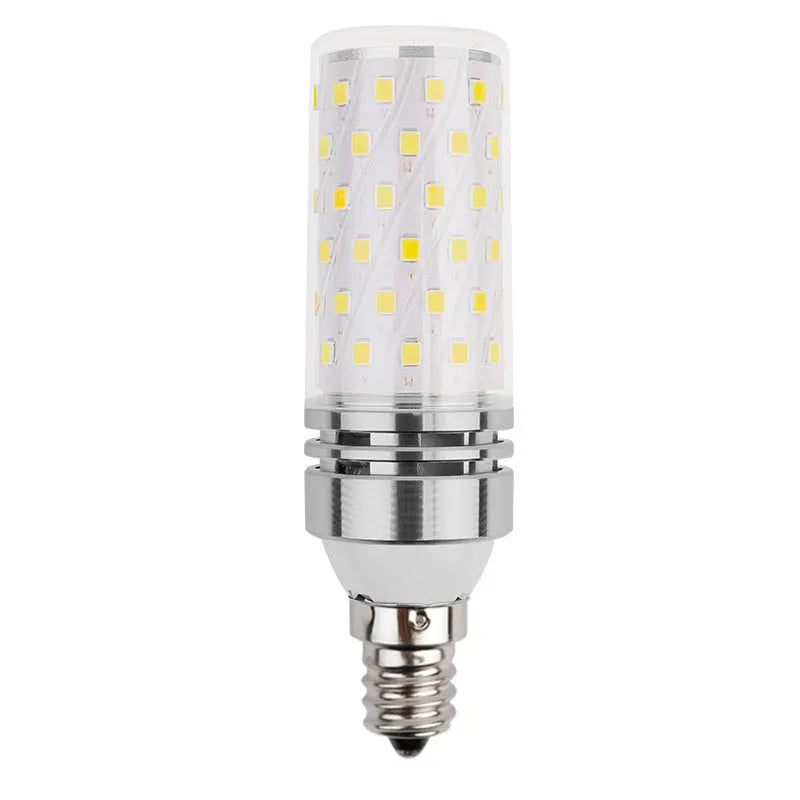 E14 screw base LED corn light bulb showing three colour temperature options: warm, neutral, and white light.