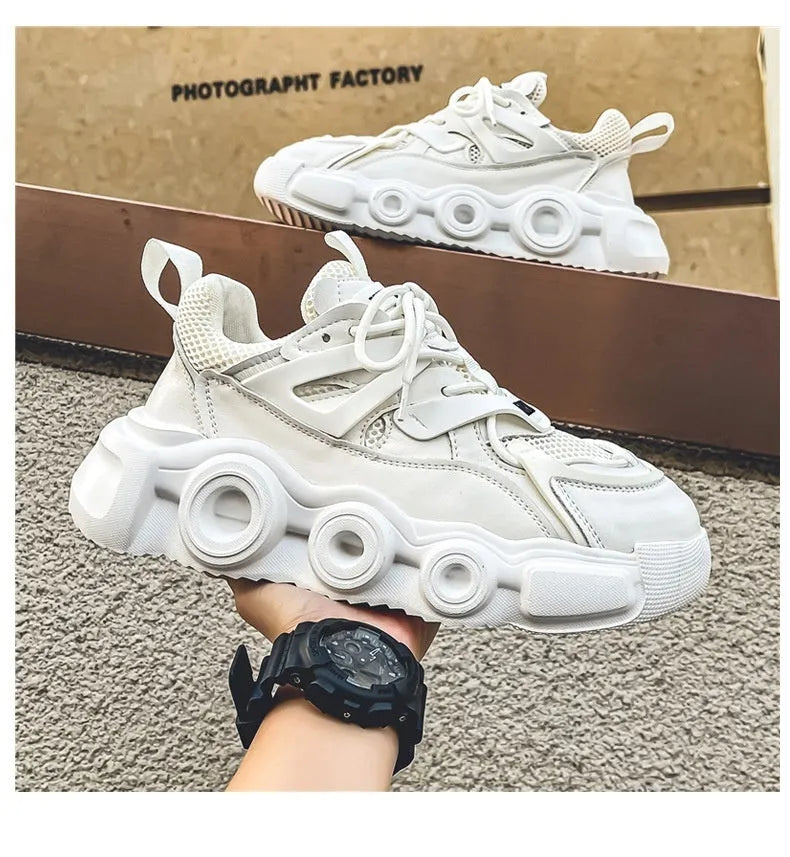 Men's black mesh sneakers with thick rubber sole and lace-up front in Korean style casual design