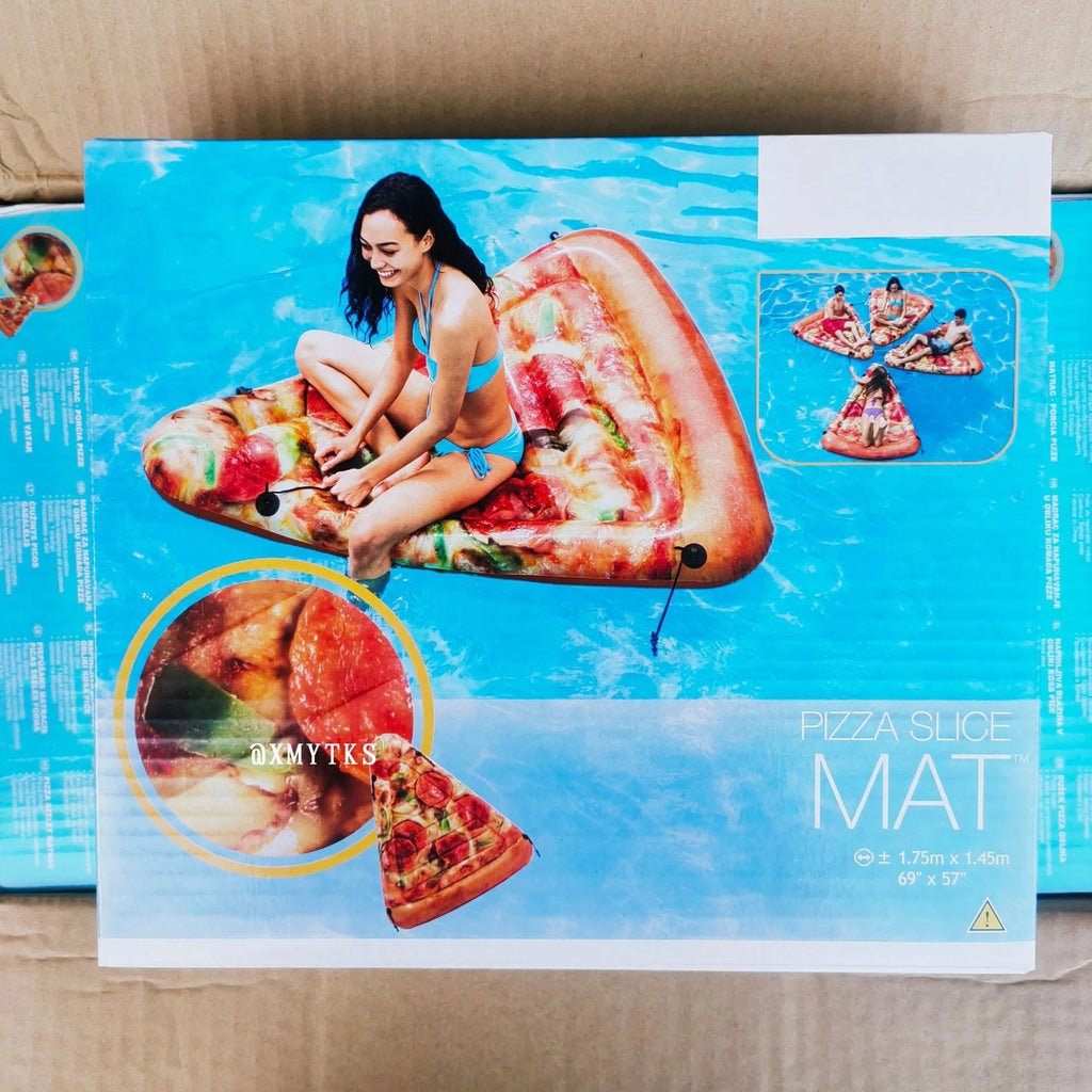 Large inflatable pizza-themed surfboard recliner floating in water