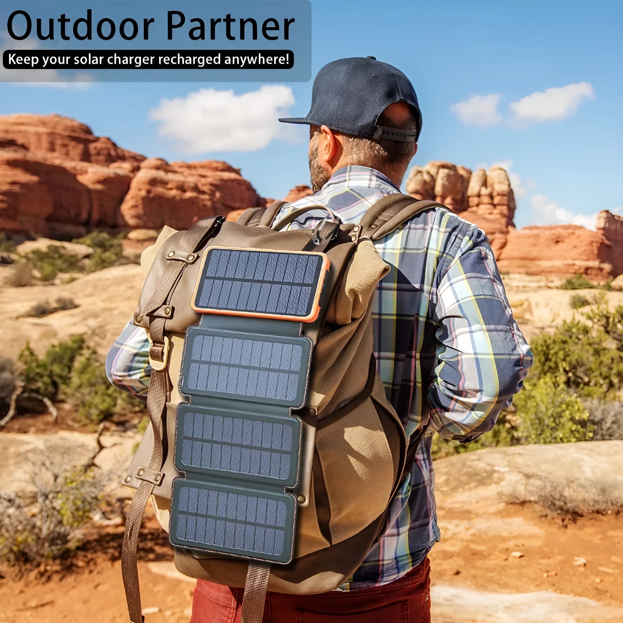Black outdoor solar power bank with leather finish, showing solar panel and USB ports, next to a charging cable.