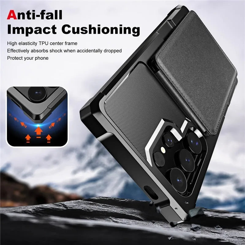 Samsung black PU TPU phone case with card slot and bracket on full cover drop-resistant design