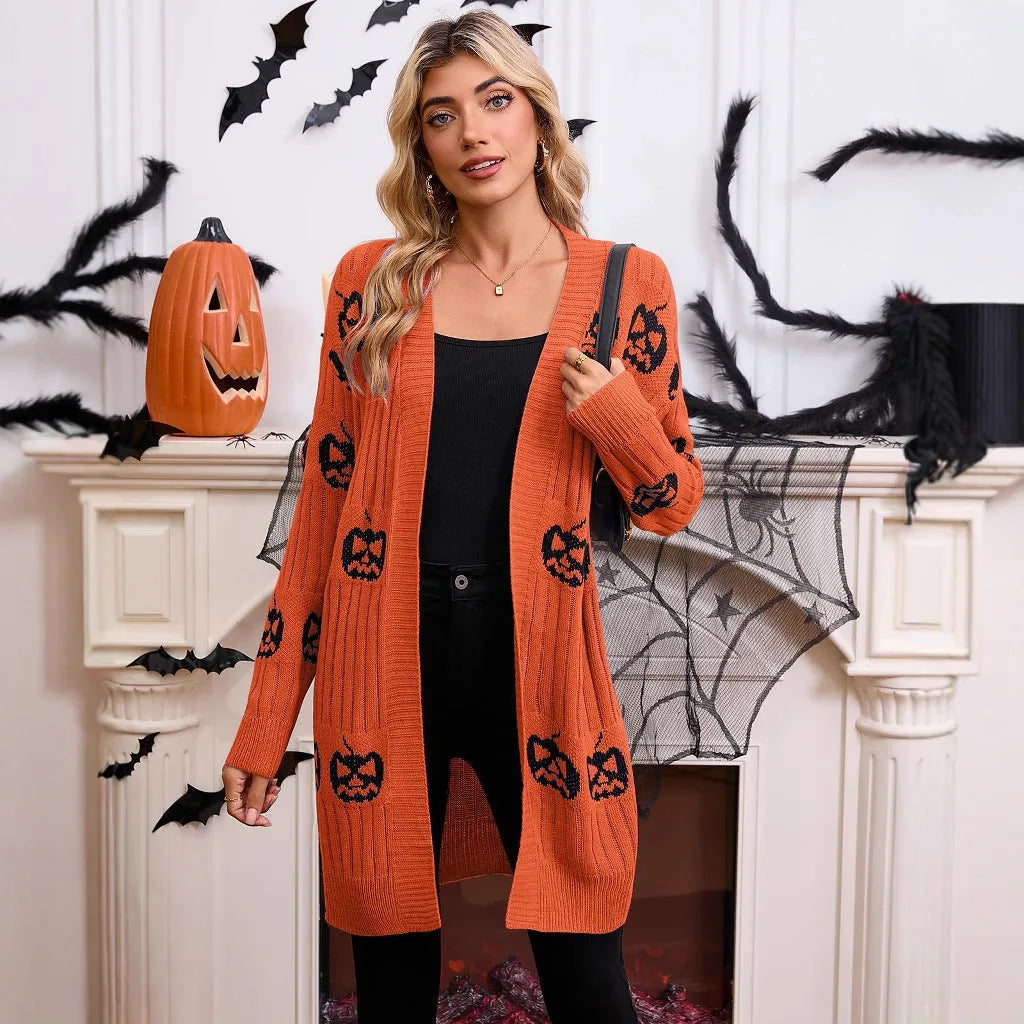 Women's black Halloween cardigan with Jacquard-knitted orange pumpkin head pattern and straight-cut design