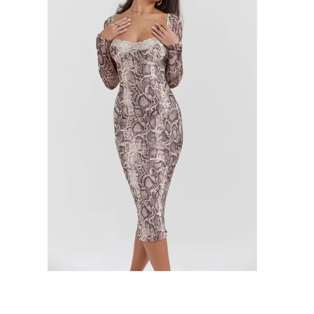 Grey slim fit lace dress with long sleeves, digital 3D print pattern, and an A-line skirt.