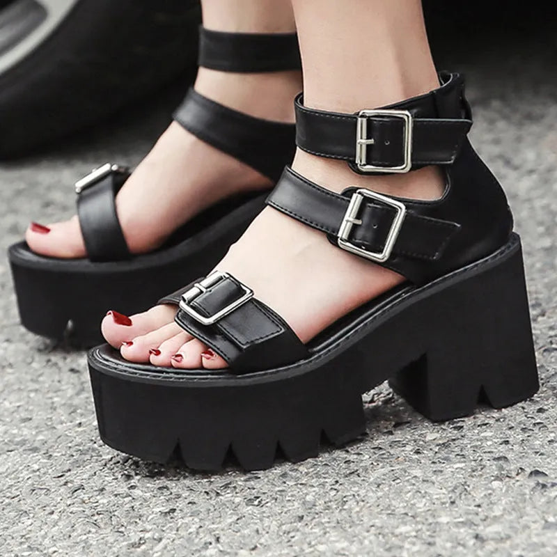 Black women's sandals with punk Harajuku style, chunky thick bottom heel, round toe, and back zipper