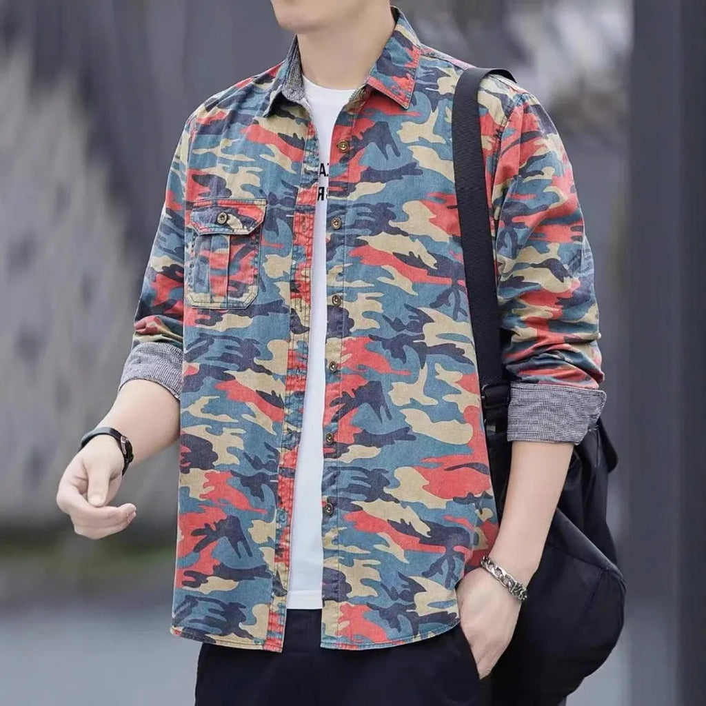 Men's retro loose camouflage jacket, long sleeve cardigan, cotton blend, Green colour