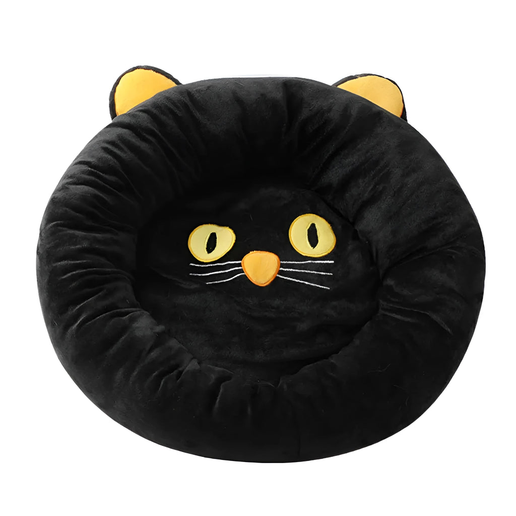 Black cat shape velvet pet nest bed with raised edges for head support