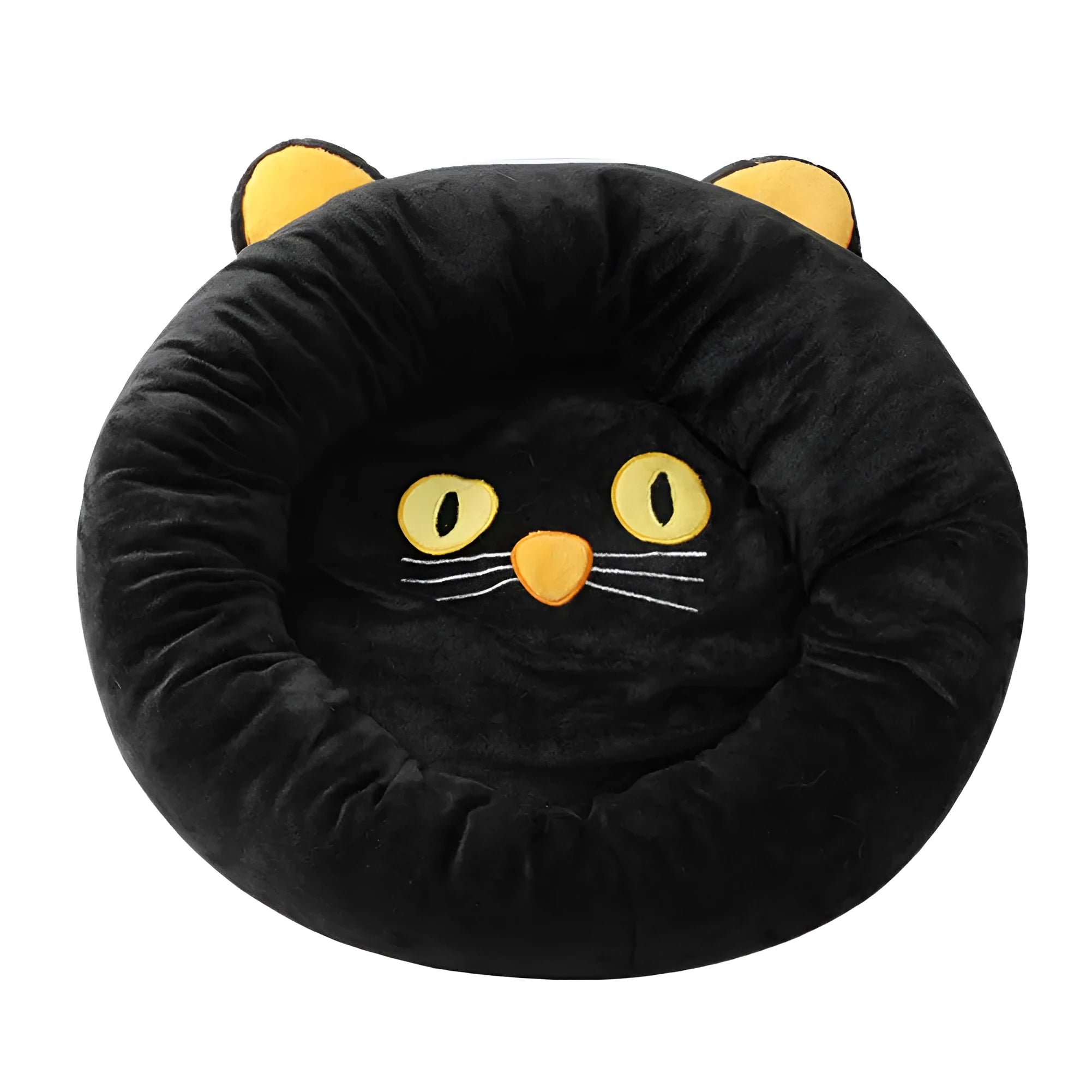 Black cat shape velvet pet nest bed with raised edges for head support