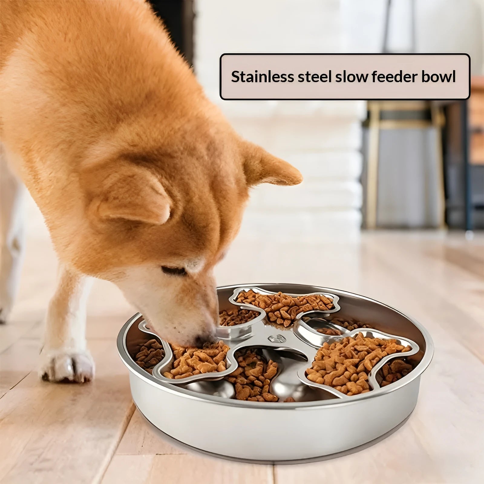 304 stainless steel rotating slow-feeding pet bowl with bone design for anti-choking use