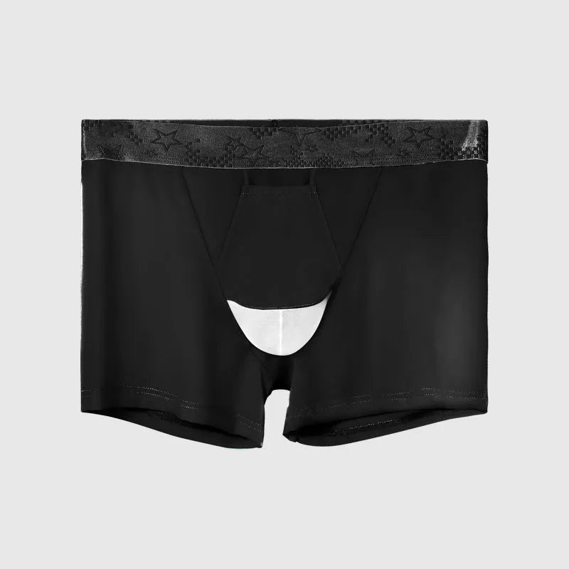 Men's solid colour ice silk boxer briefs on a mid-waist model, showing the nylon knit fabric.