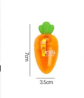 Carrot-shaped plastic pencil sharpener showing colourful design and 7cm length measurement