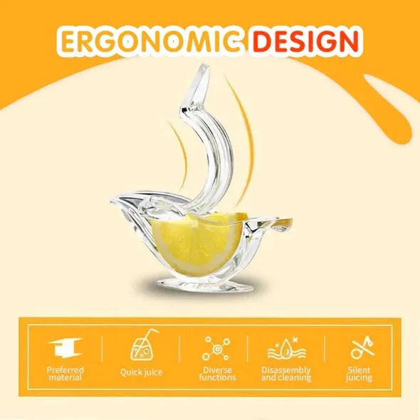 Transparent acrylic bird-shaped manual lemon juicer on a kitchen counter.