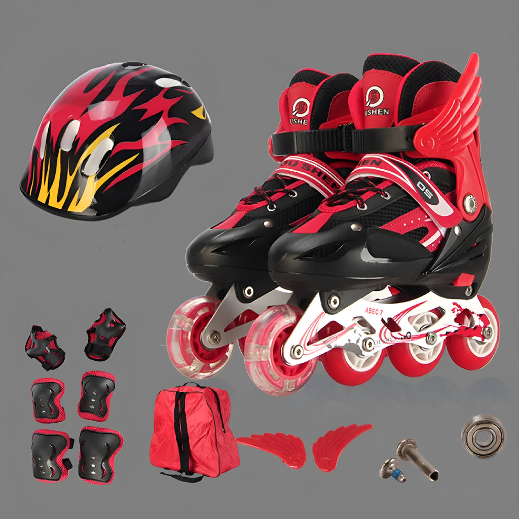 Children's adjustable inline skates with aluminium frame and protective gear set in various colours