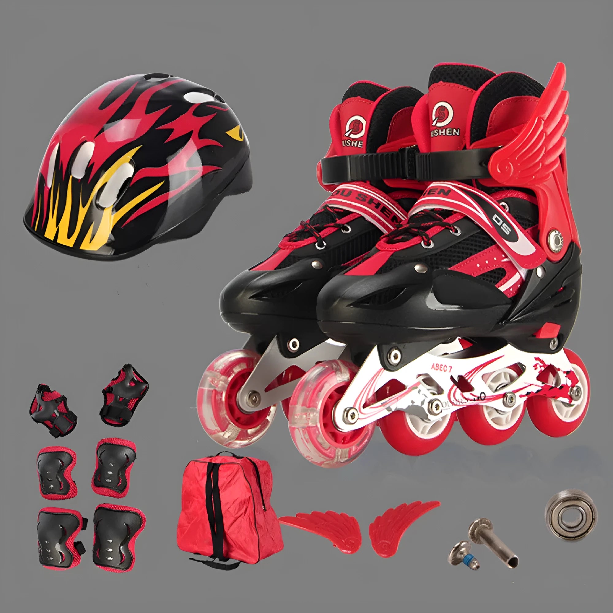 Children's adjustable inline skates with aluminium frame and protective gear set in various colours
