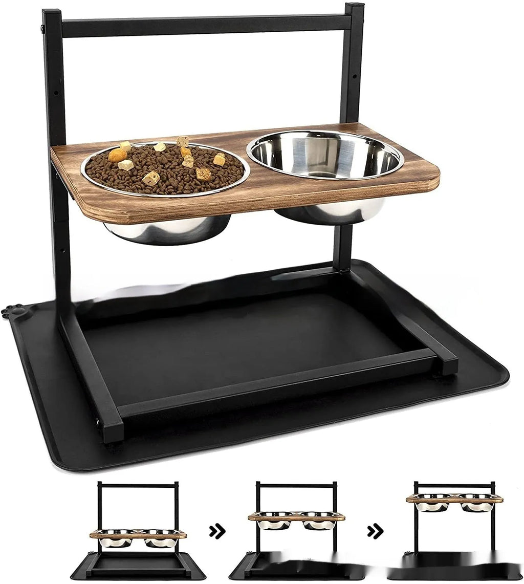 Black iron dog bowl rack stand holding three different sized pet bowls