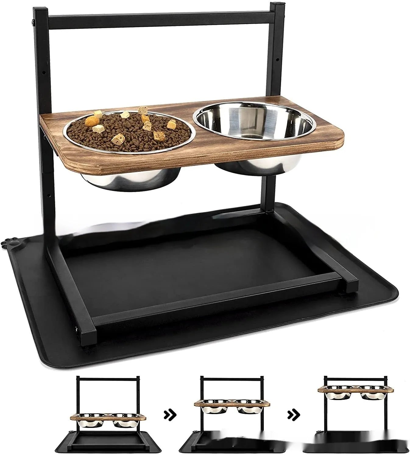 Black iron dog bowl rack stand holding three different sized pet bowls