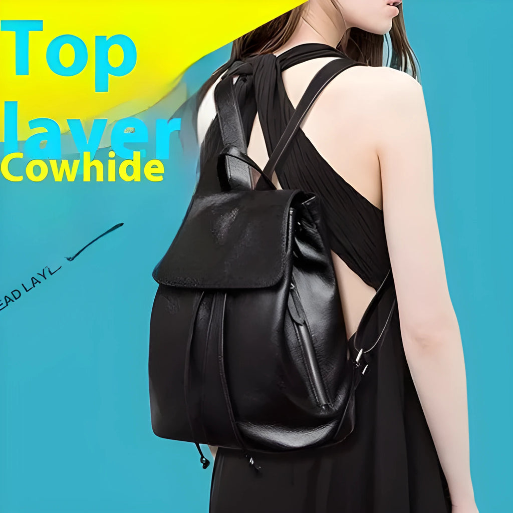 Genuine leather women's backpack in black with waterproof finish and multiple internal compartments