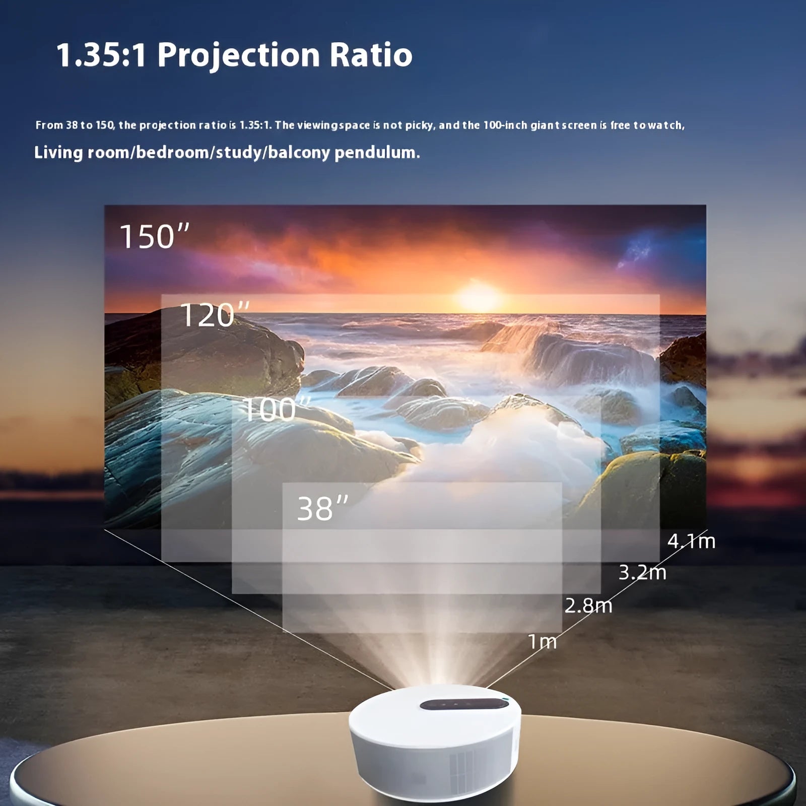White HD home cinema projector with remote control on a table