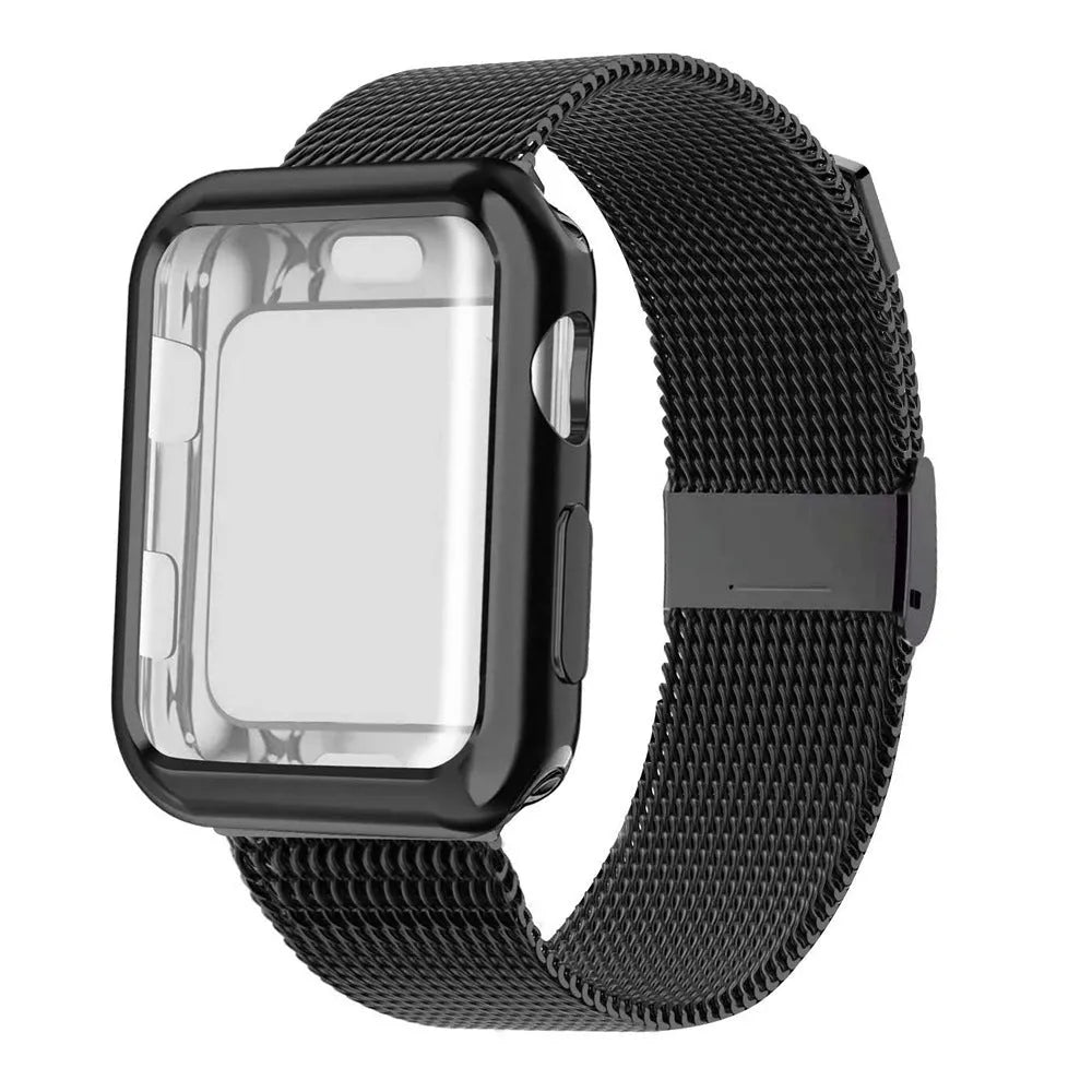 Apple Watch with black magnetic Milanese loop band showing adjustable magnetic clasp on wrist.