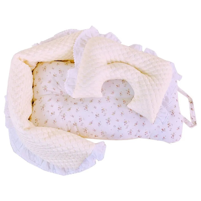 Removable washable pet stroller pad set showing towel, cushion, and pillow in a floral pattern.