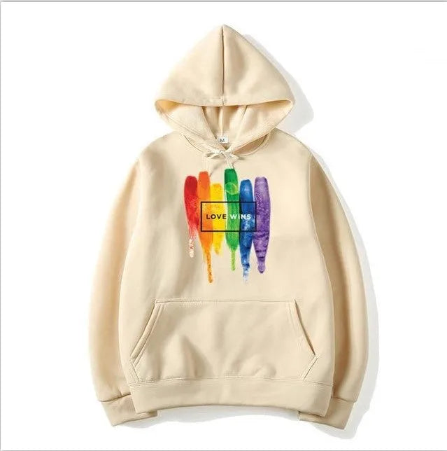 Men's Love Wins pride themed cotton fleece hoodie in black with comics style graphic print on the front