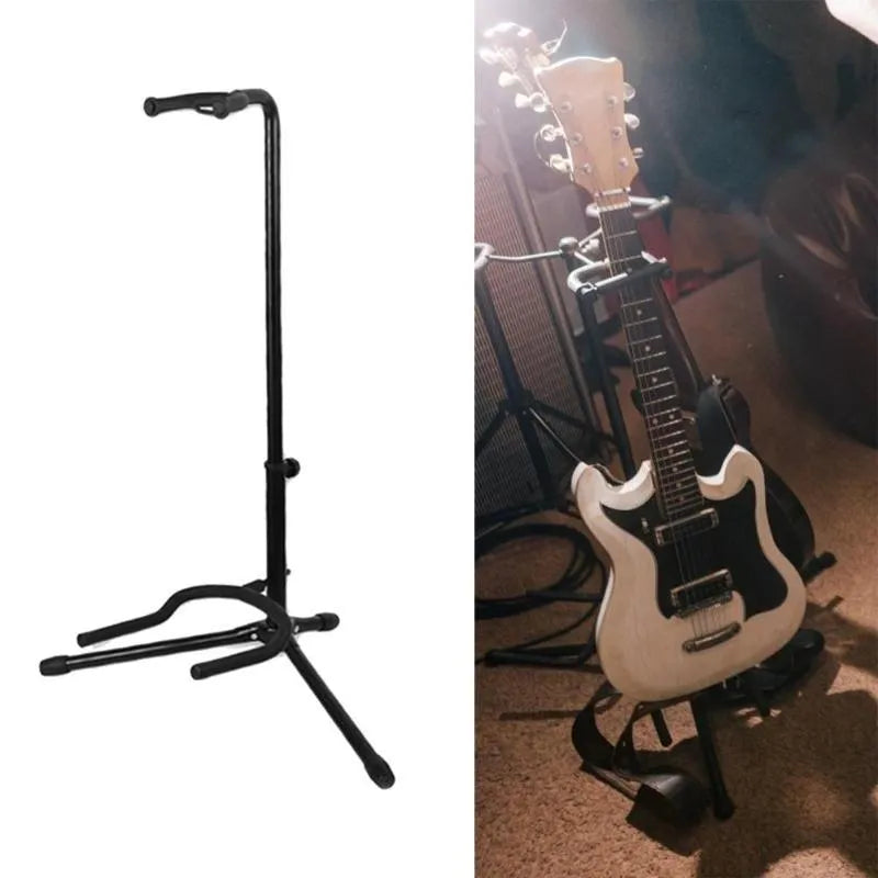 Black foldable metal guitar stand with soft rubber protective pads, holding a guitar.