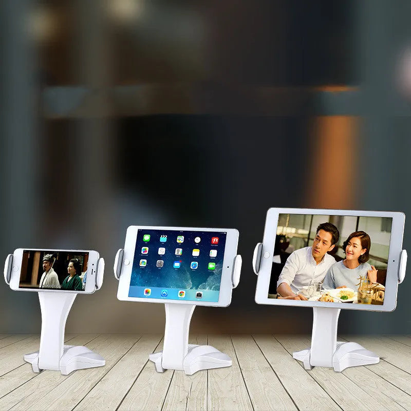 White adjustable tablet support stand with 250mm height showing clip extended to maximum 260mm width