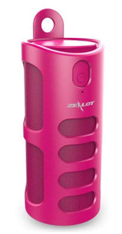 Portable Bluetooth speaker in black, blue, or red with dimensions 72x72x170 mm