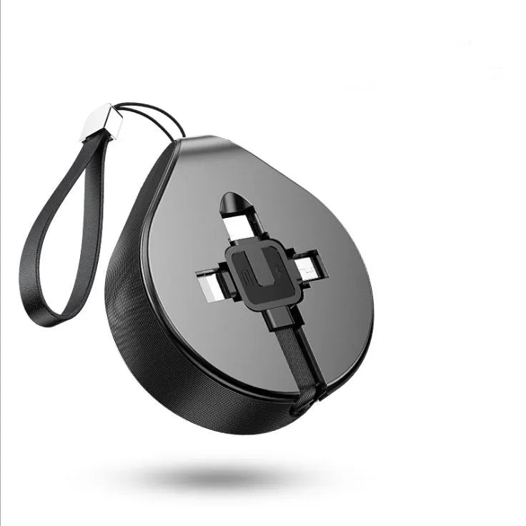 Black telescopic three-in-one fast charging cable extended to 1 metre with Lightning, USB-C, and micro-USB connectors.